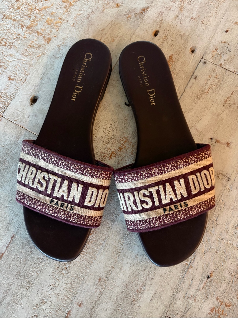 Dior Burgundy and Cream Embroidered Logo Slide Sandals